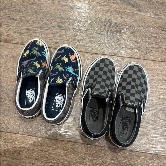 Two Vans Kids Slip-On Sneakers - Black check and Dinosaur Print - Picture 2 of 5